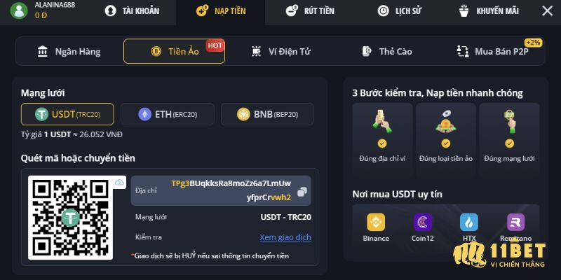 Cách nạp tiền 11Bet chuẩn cho tân thủ